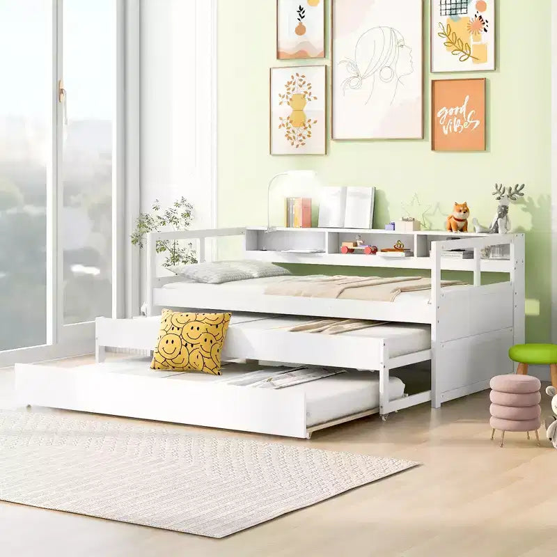 Whisen Twin XL Wood Daybed with 2 Trundles, 3 Storage Cubbies, 1 Light for Free and USB Charging Design