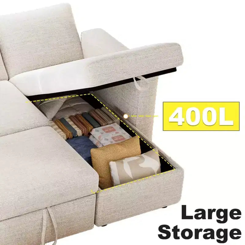 2-in-1-Ausziehsofa mit Stauraum und Ottomane, Chenille-Ecksofa mit USB-Anschlüssen für das Wohnzimmer
