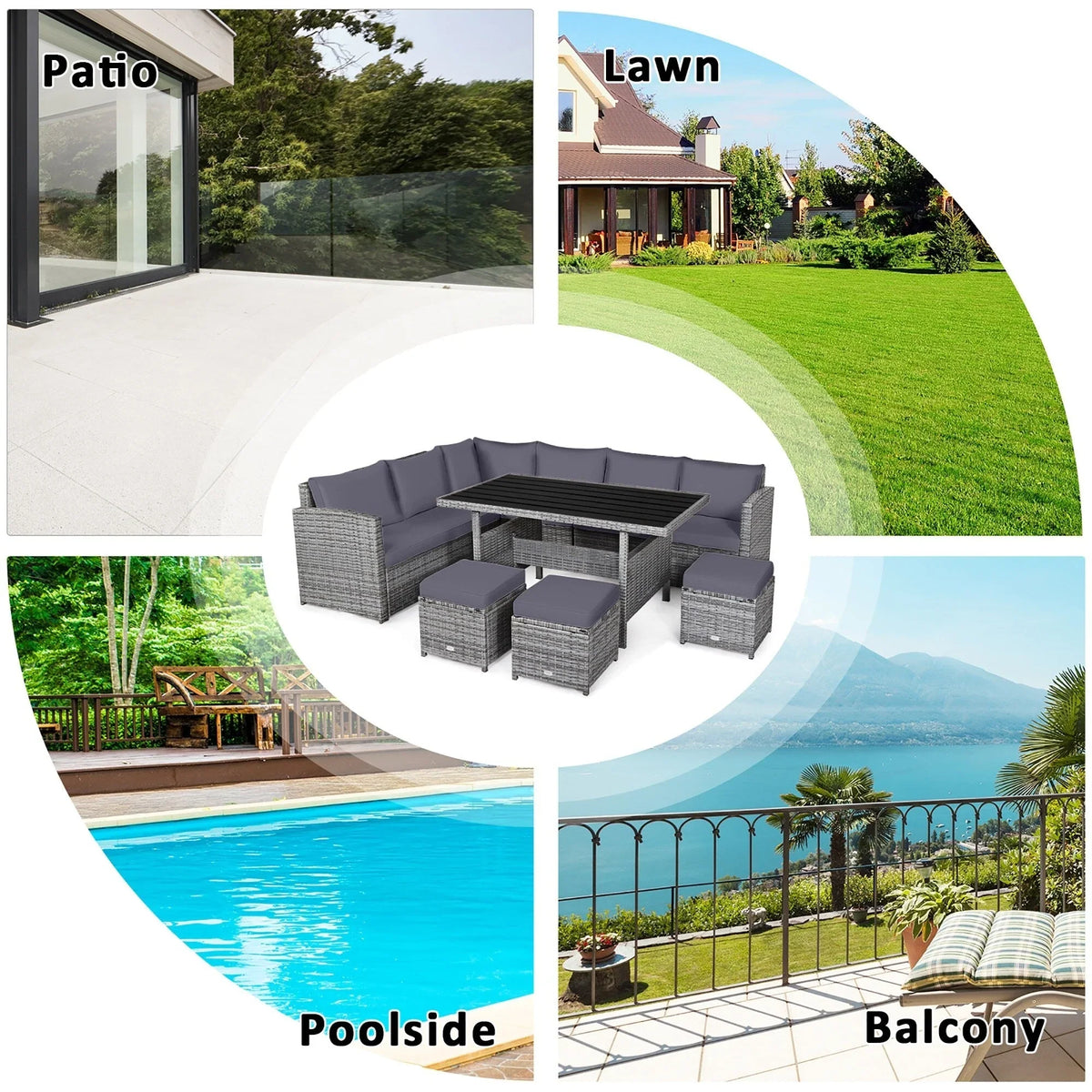 Costway 7-delige eethoek voor de patio van rotan, modulaire bank, fauteuil en voetenbank - Bekijk de details