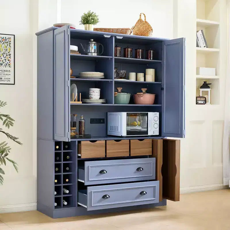 Whisen vrijstaande voorraadkast voor de keuken van 71 inch hoog, grote opbergkast voor eetkamer, dressoir met 4 vouwdeuren, planken en wijnrekken