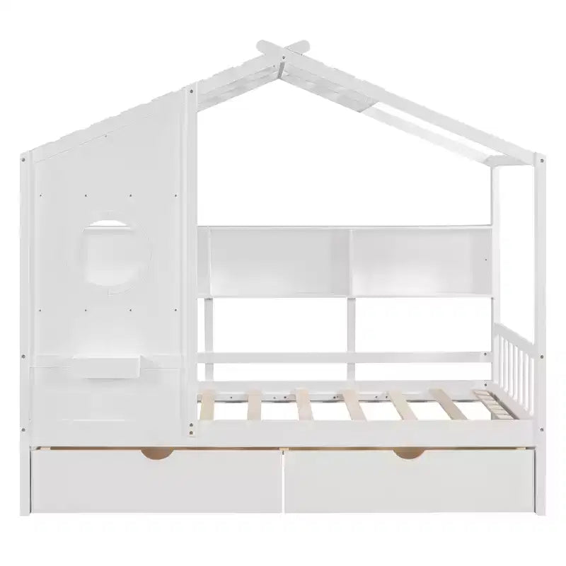 Holzhausbett in Twin-/Full-Größe mit 2 Schubladen, Kinderbett mit Ablagefach – ModernLuxe