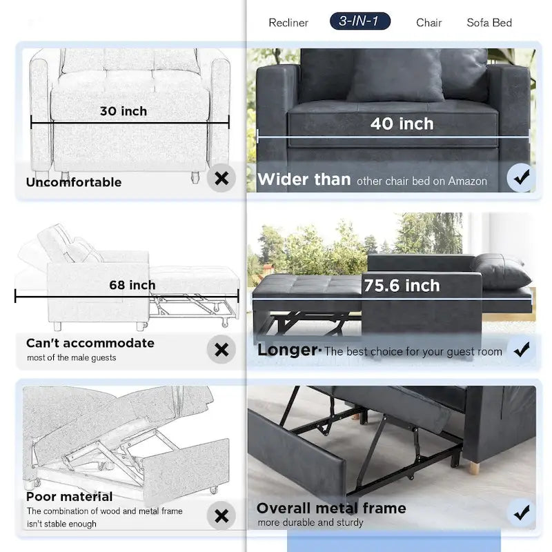 Adjustable Sleeper Chair Bed, 3-in-1 Convertible, Multiple Colors, Fits 1 Person