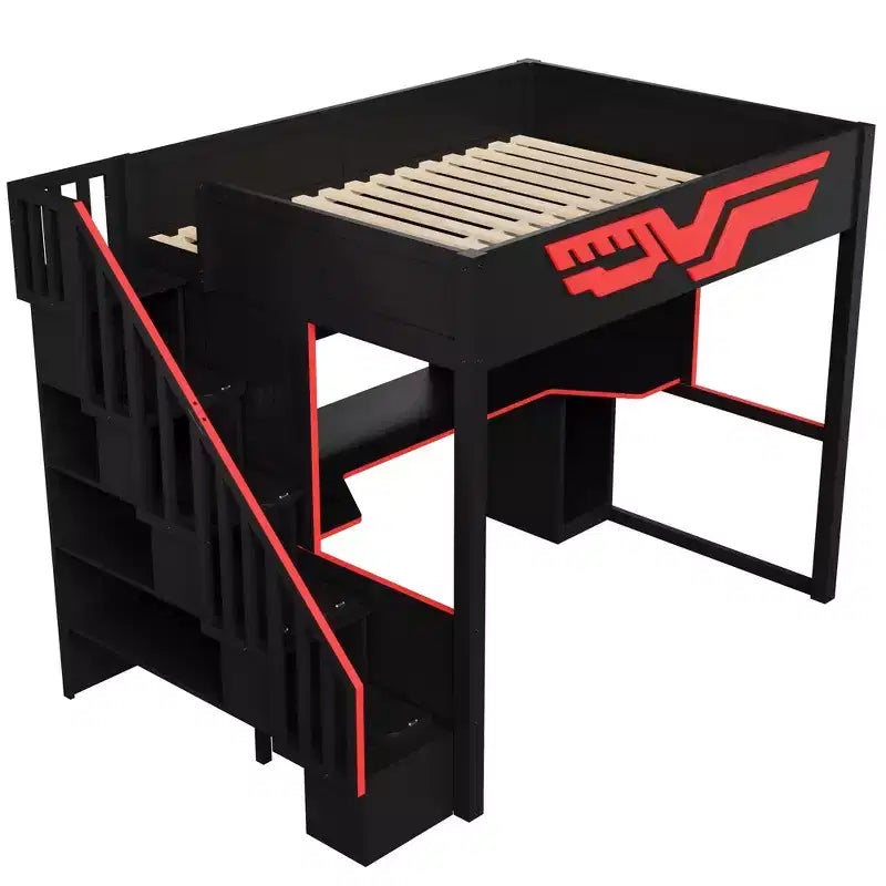 Gaming-Hochbett in Full-Größe mit Schreibtisch und LED-Beleuchtung, hölzernes Hochbett mit Treppe, Stauraumtreppe und USB-Anschluss, Rot+Schwarz