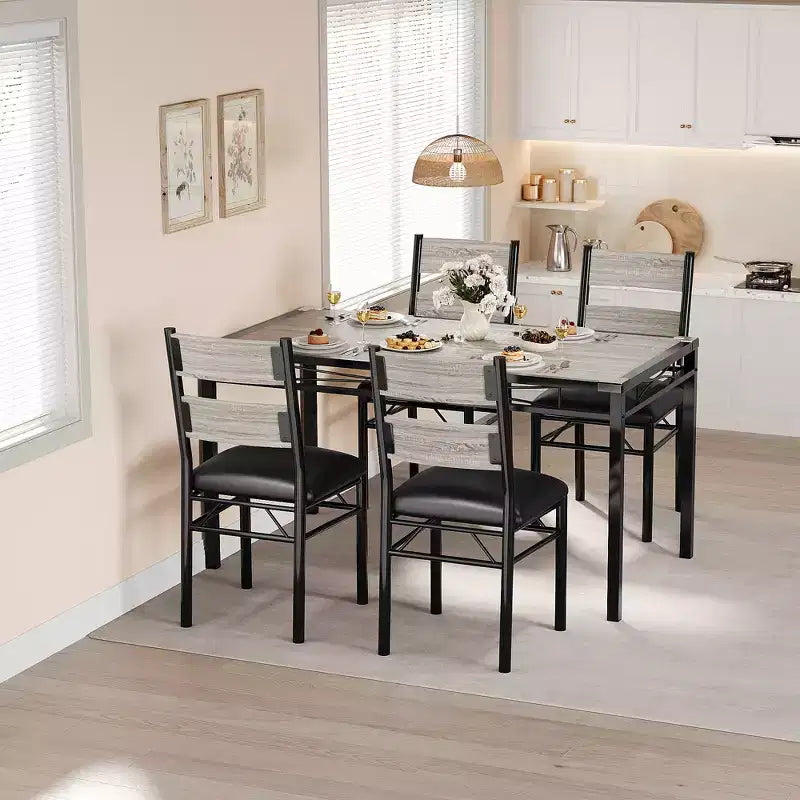 Eettafelset voor 4 personen met 4 gestoffeerde stoelen, houten keukeneettafelset van 5 delen met hoekbescherming voor keuken, appartement en kleine ruimtes