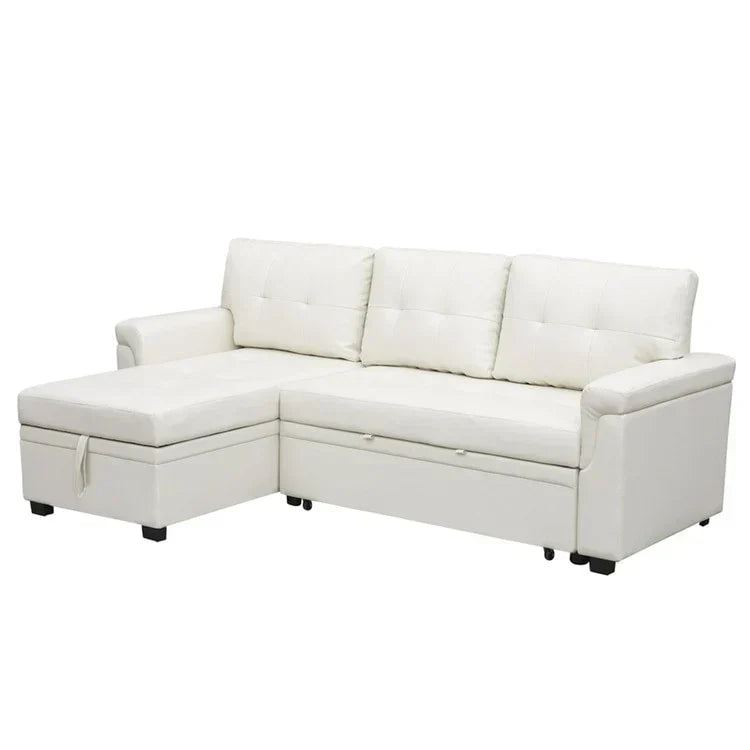 Divano componibile reversibile trasformabile con letto estraibile, chaise longue con contenitore nascosto e gambe resistenti