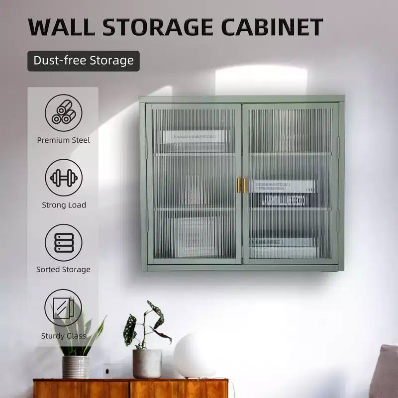 Armoire murale à double porte vitrée avec espace de rangement généreux, portes amovibles, étagères et coffre de rangement pratique pour les outils