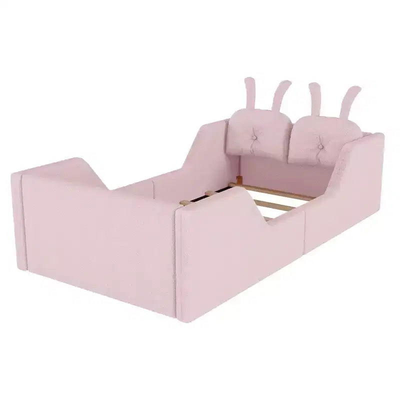 Whisen Twin Platform Bed, Kids Floor Upholstered Bed Frame with Rabbit Cushion, Removable Side Rails