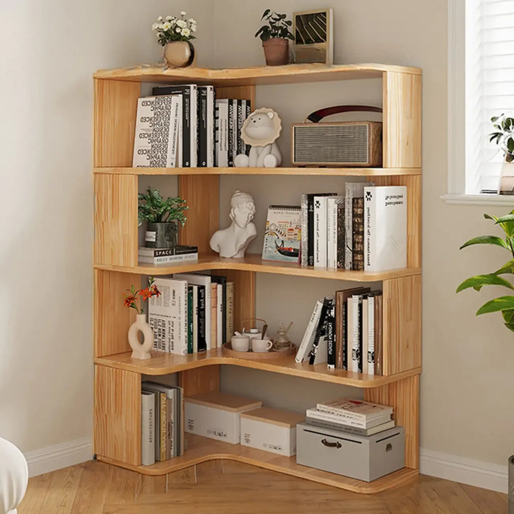 Bibliothèque verticale en bois en forme de L, finition naturelle, dos ouvert