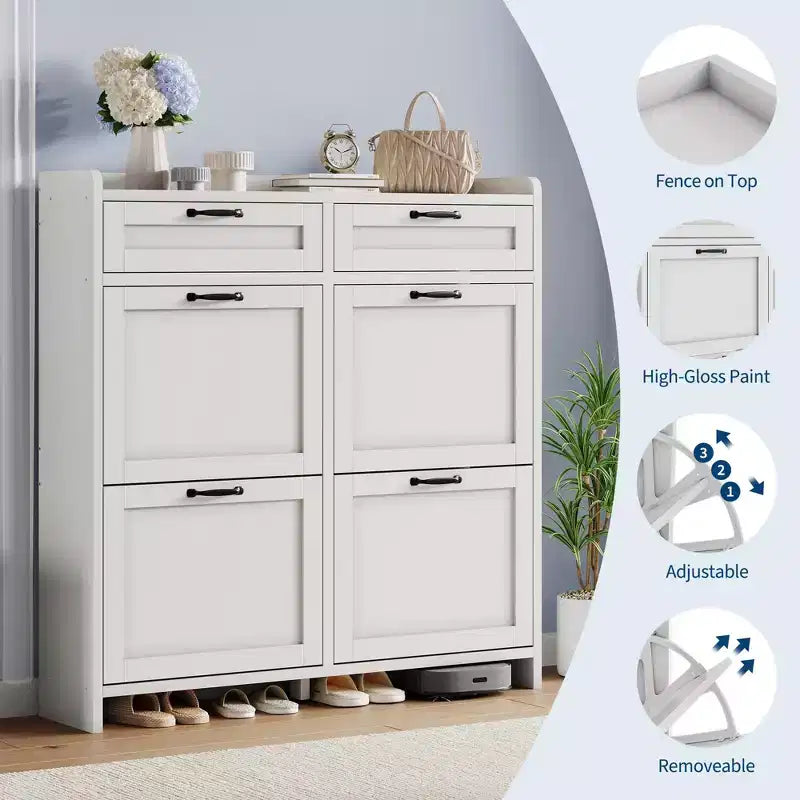 Shoe Cabinet with 4 Flip Drawers & 2 Top Drawers, Wooden Shoe Organizer Cabinet with Adjustable Shelf, Freestanding Shoe Storage Cabinets