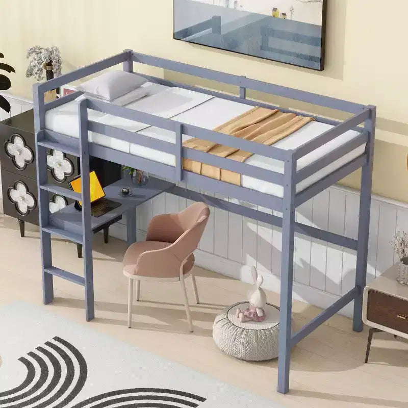 Okak Minimalism Loft Bed with Ladder, Rubber Wood Twin Loft Bed with Safety Guardrail and Build-In Desk, Bed Frames for Kids, Teenagers