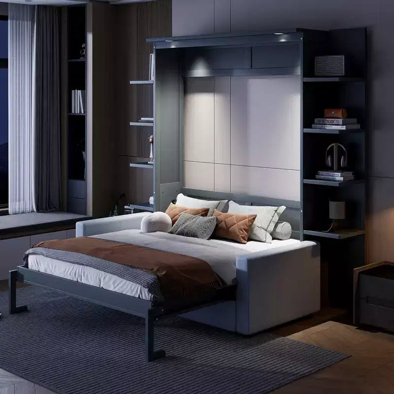 Lit escamotable mural Whisen au format queen, avec cadre en bois, canapé et étagères, au design moderne