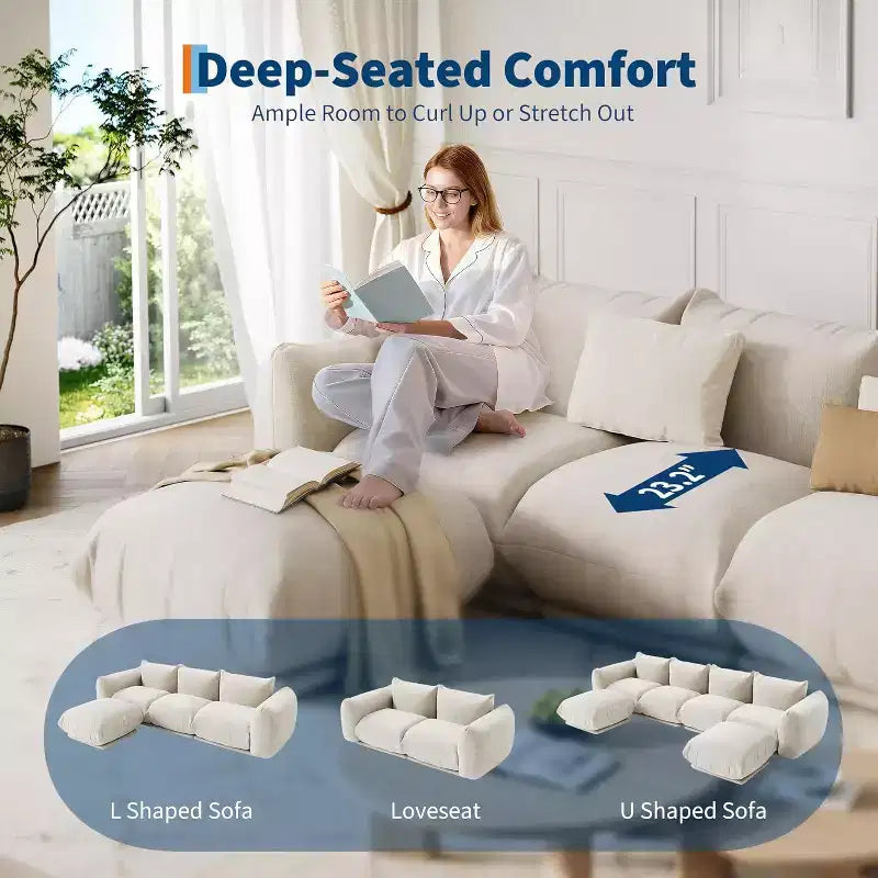 Canapé modulaire 2 places en tissu chenille, canapé nuage avec éponge haute résilience, sans accoudoirs pour petits espaces