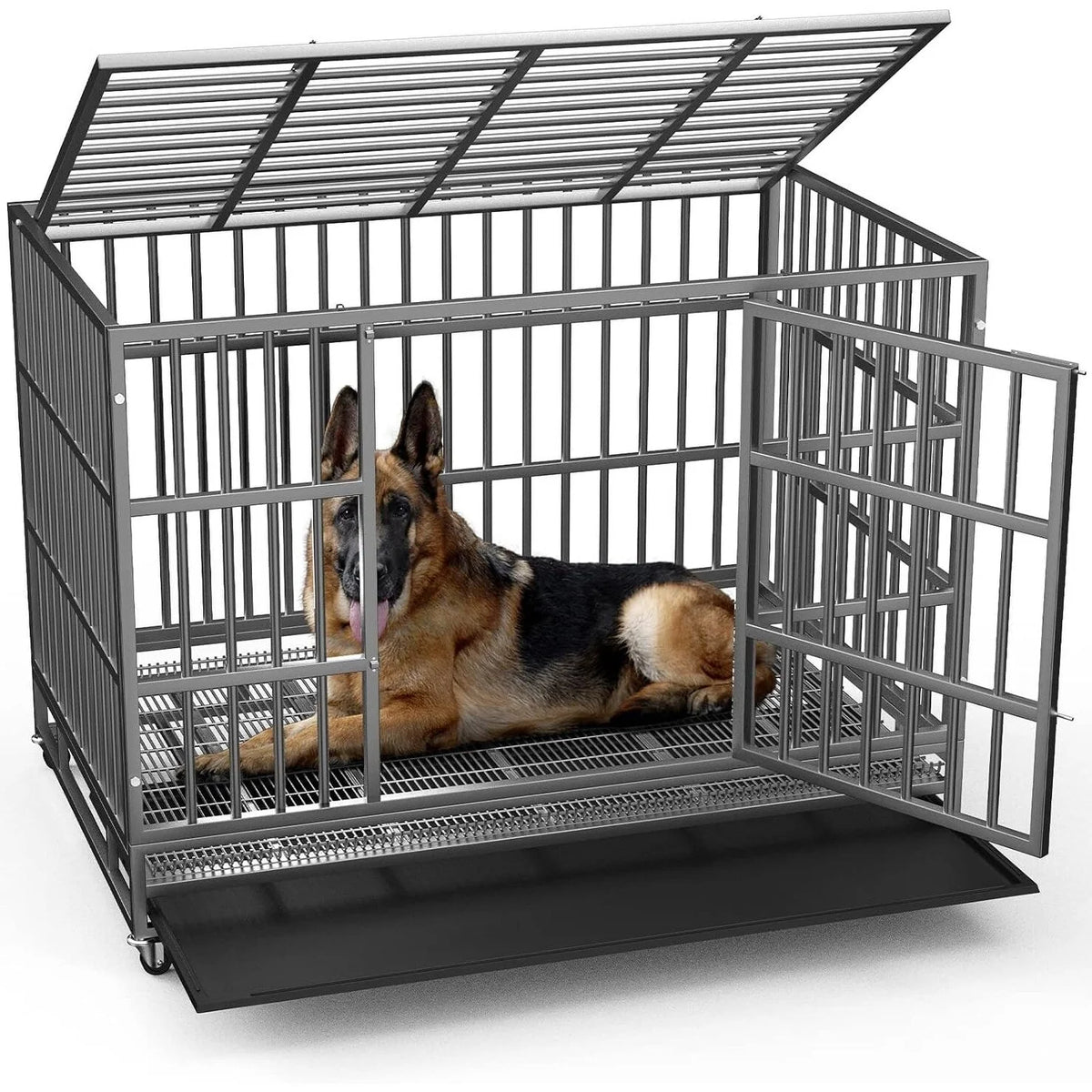 Jaula para perros BOSSIN de alta resistencia e indestructible, de 48/38 pulgadas, jaula a prueba de escapes con ruedas bloqueables