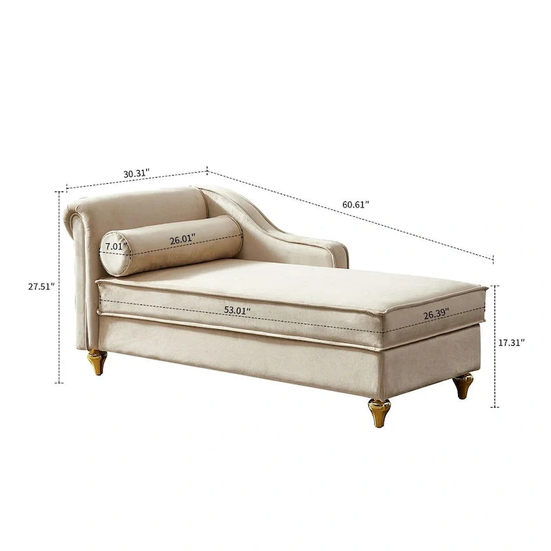 French Elegant Velvet Upholstered Storage Chaise Lounge Chair with a Pillow