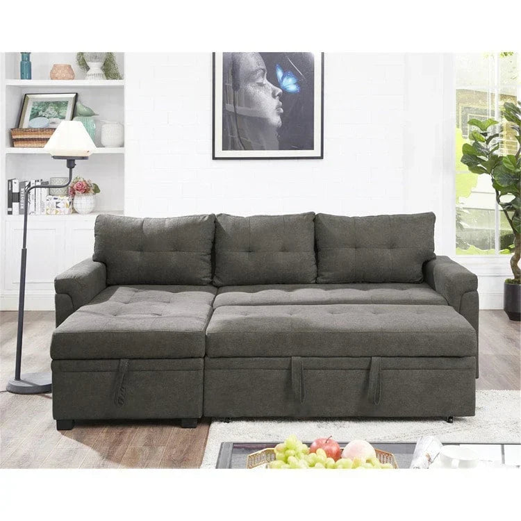 Divano componibile reversibile trasformabile con letto estraibile, chaise longue con contenitore nascosto e gambe resistenti