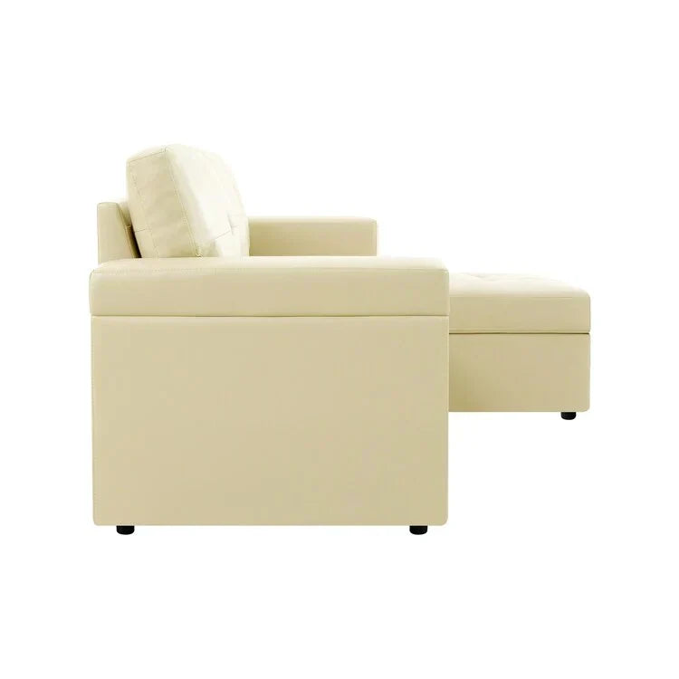 Divano componibile reversibile trasformabile con letto estraibile, chaise longue con contenitore nascosto e gambe resistenti
