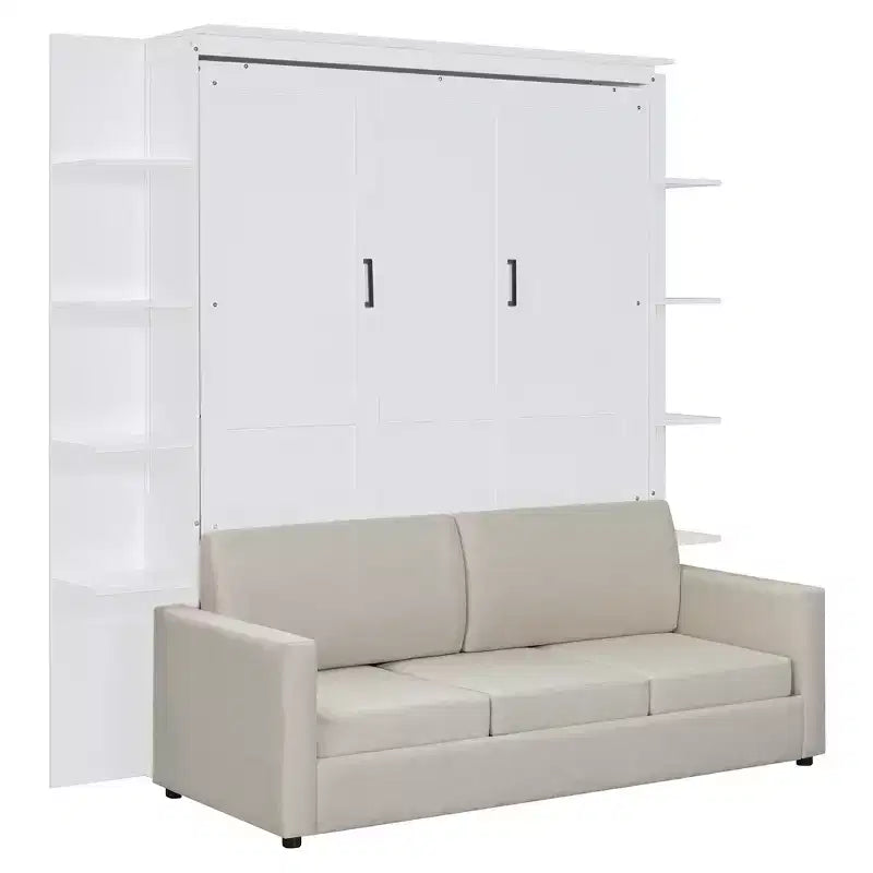 Lit escamotable mural Whisen au format queen, avec cadre en bois, canapé et étagères, au design moderne
