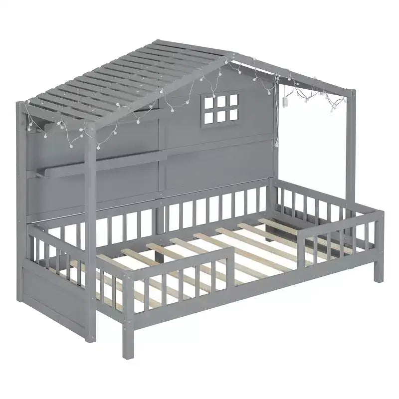 Twin Size House Bed with Storage Shelves and Rails, Wood Kids Montessori Bed Frame with Window and Sparkling Light Strip