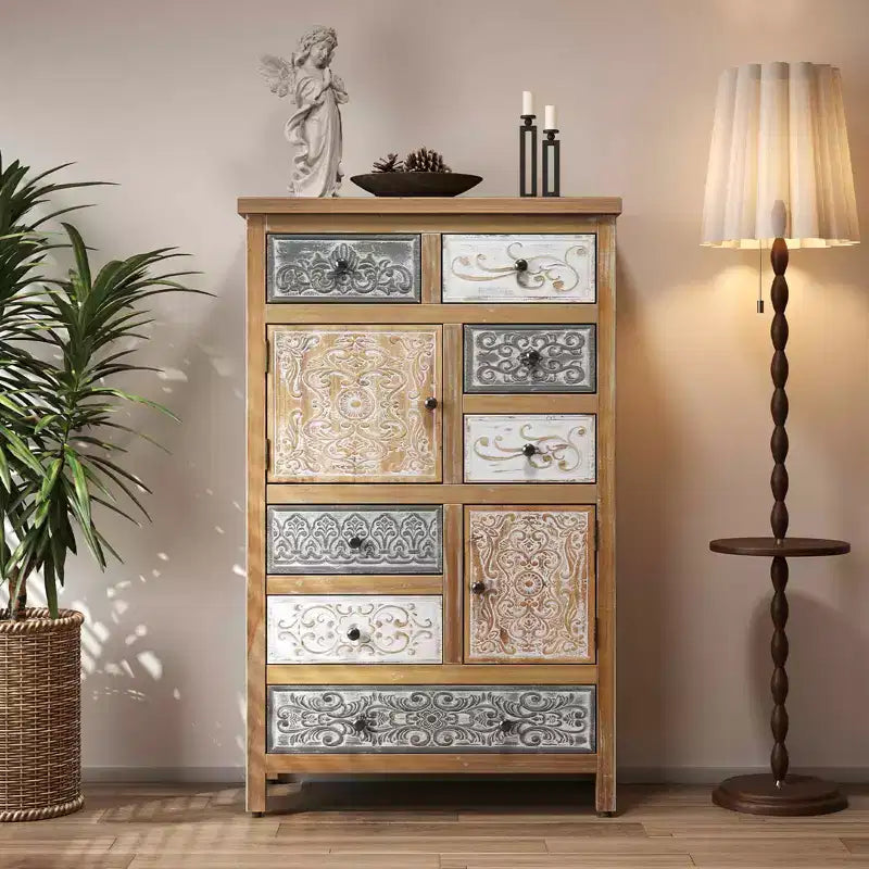 Vintage houten accentkast met 6 laden en 2 kasten, rustieke, veelkleurig gesneden opbergkast voor de woonkamer