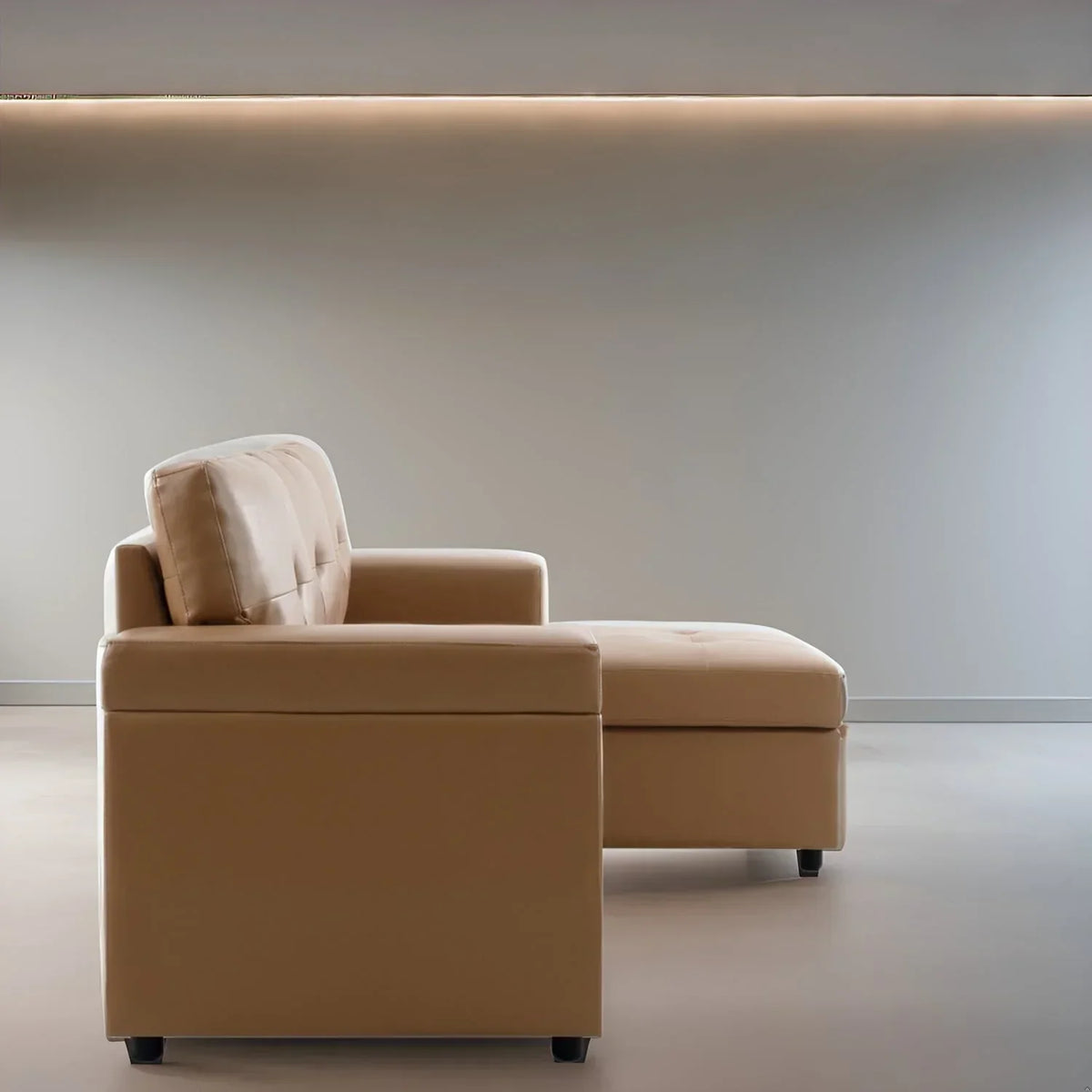 Divano componibile reversibile trasformabile con letto estraibile, chaise longue con contenitore nascosto e gambe resistenti