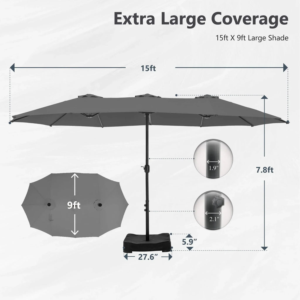 MAISON ARTS dubbele parasol voor terras, 15 ft, extra groot, tweepersoons, inclusief voet