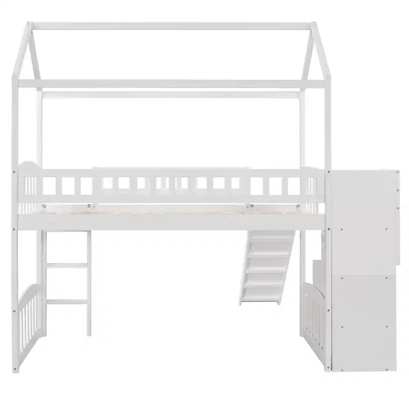 Twin House Loft Bed with Slide and Stairs, Loft Bed with Storage Drawers, Wood Cabin Loft Bed for Kids Toddlers