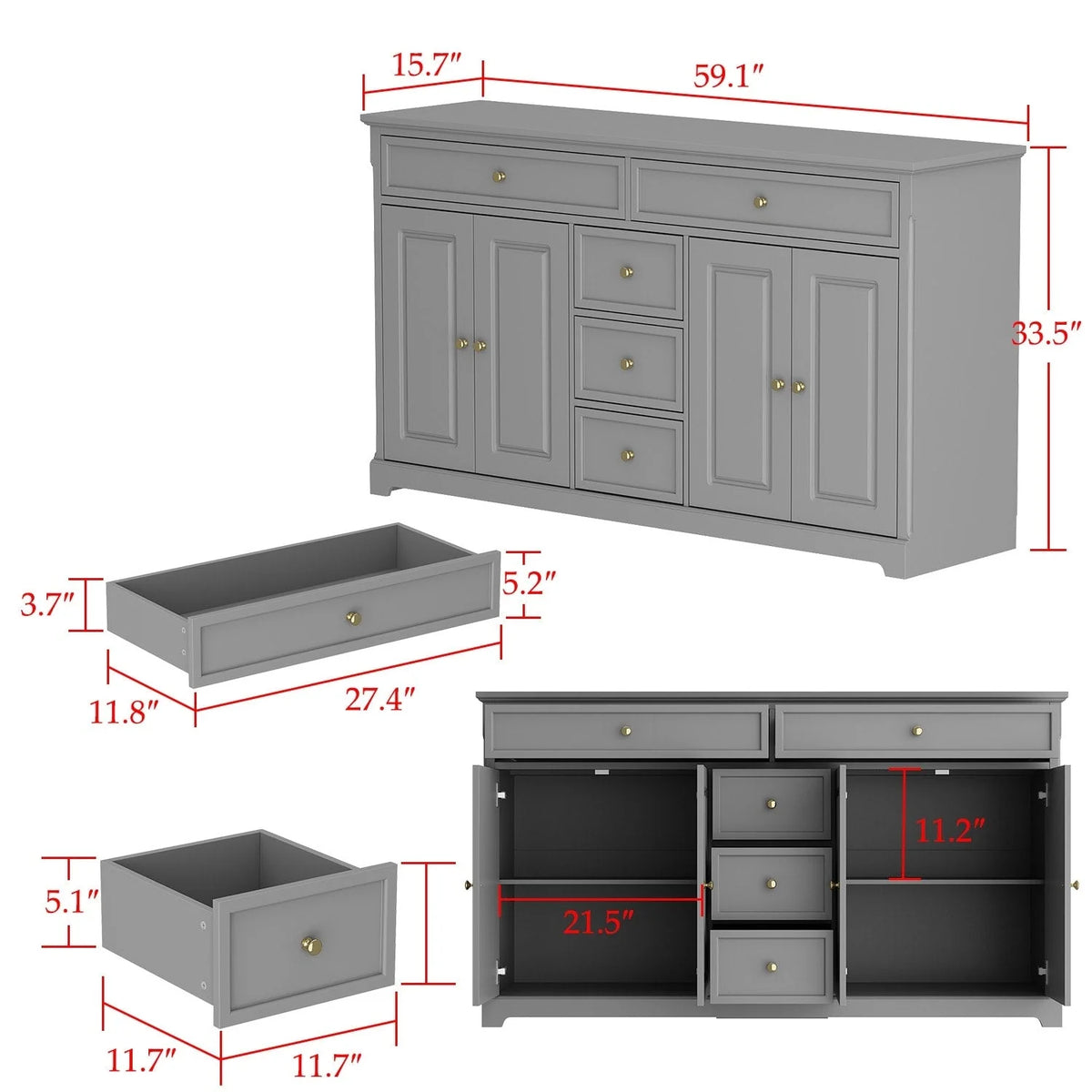 Credenza buffet bianca da 59.1'' in stile moderno di metà secolo, contemporanea e laccata