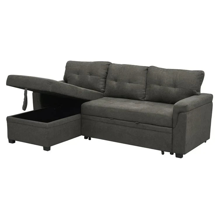 Divano componibile reversibile trasformabile con letto estraibile, chaise longue con contenitore nascosto e gambe resistenti