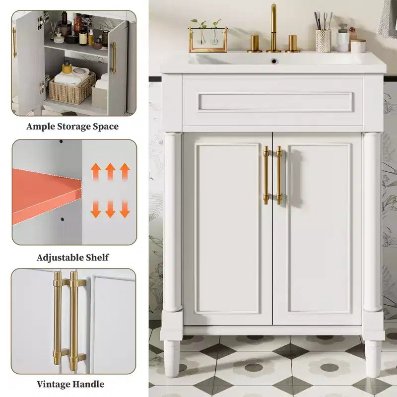 Mobile da bagno da 24 pollici con lavabo in ceramica, mobile in stile Shaker, 2 ante a chiusura ammortizzata, struttura in legno massello per bagno piccolo o bagno di servizio