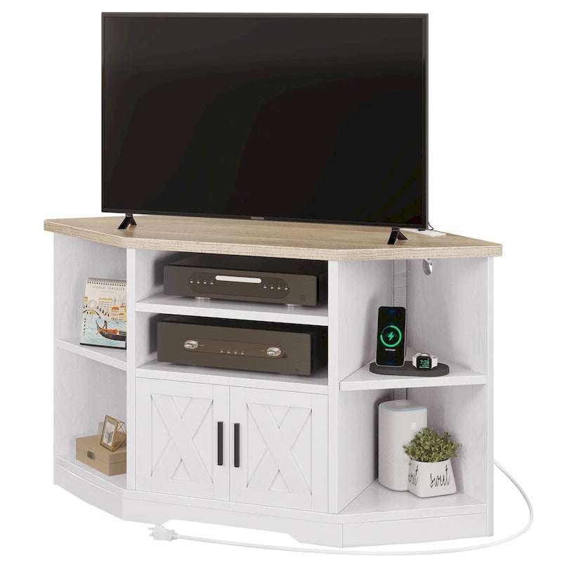 Meuble TV d’angle de style maison de campagne, centre de divertissement et console multimédia pour téléviseurs jusqu’à 55 po, avec prise électrique