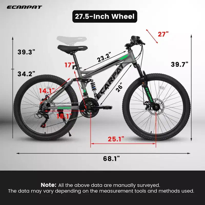Okak Mountainbike 27,5 Zoll mit vorderen und hinteren Doppelstoßdämpfern, Dirtbike mit 21 Gängen und mechanischen Scheibenbremsen, Erwachsenenfahrrad für Männer und Frauen