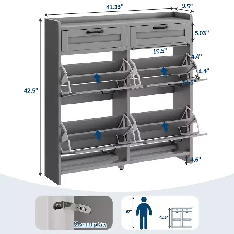Shoe Cabinet with 4 Flip Drawers & 2 Top Drawers, Wooden Shoe Organizer Cabinet with Adjustable Shelf, Freestanding Shoe Storage Cabinets