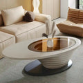 Licht luxueuze, moderne, minimalistische ovale salontafel met glazen tafelblad en grijze basis, 51 inch - L 51,18' B 25,59' H 14,37'
