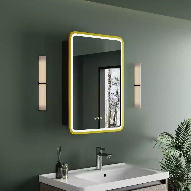 Schwarz/Weiß/Gold LED-Medizinschrank, eine Tür, Anschlag links oder rechts, zum Einbau oder zur Wandmontage