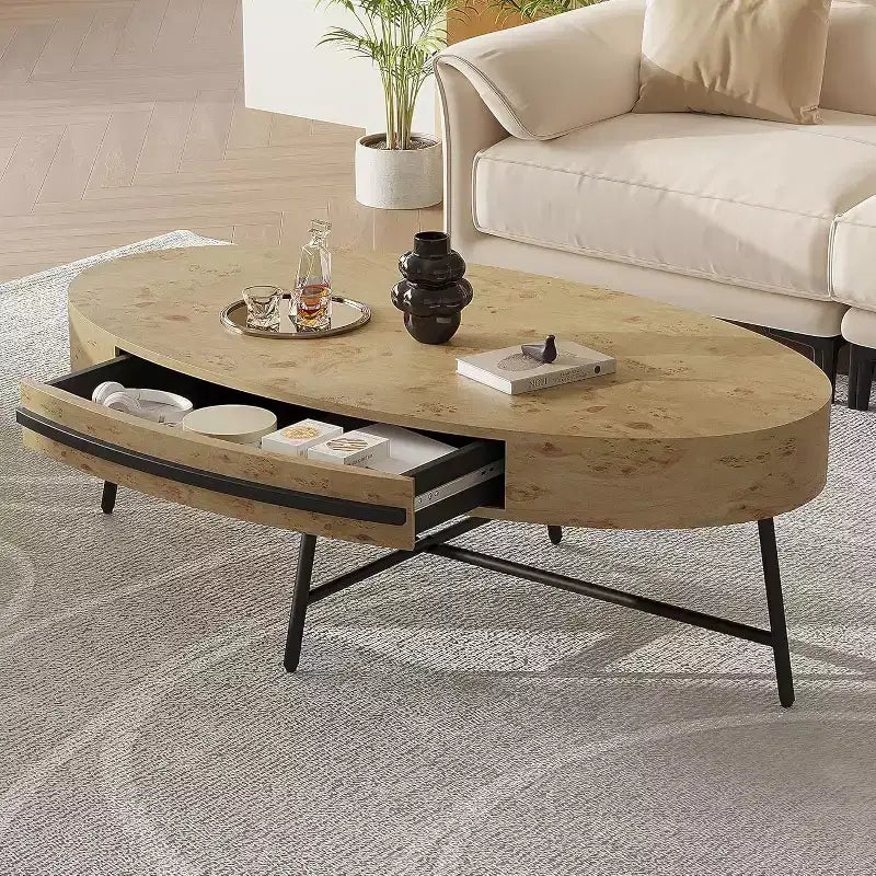 Acekool Oval Coffee Table with Drawer, 47.2 Wooden Storage Table with Cross Metal Legs  Mid-Century Modern Center Table in Natural & Golden Willow