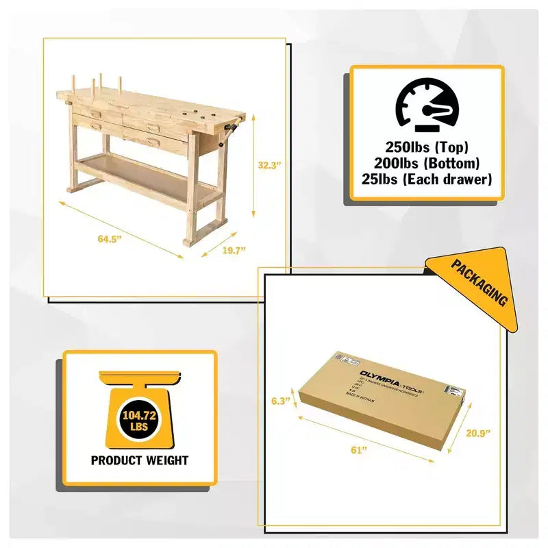 Établi Olympia Tools de 60 po en bois dur avec plateau en hévéa, 4 tiroirs, capacité de charge de 450 lb