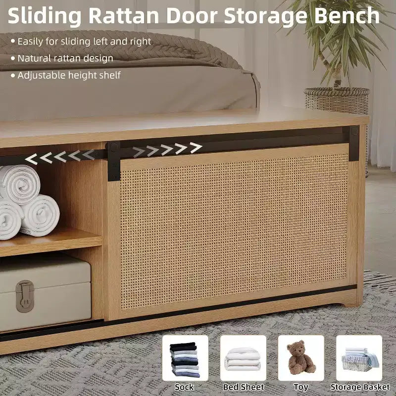 Cadre de lit bohème champêtre en rotin naturel, rangement avec porte de grange coulissante et tête de lit avec éclairage LED, pieds de support en bois massif