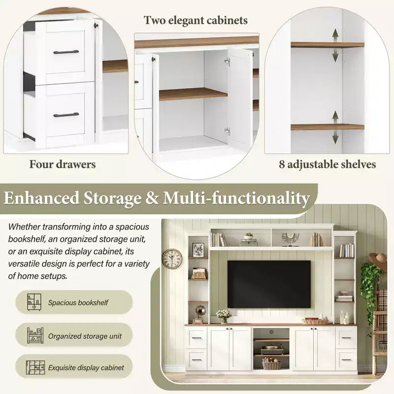 ModernLuxe 4-in-1 Farmhouse Entertainment Center Wall Unit, Fits TVs Up to 70, TV Stand Media Console w/ Adjustable Shelves & Drawers