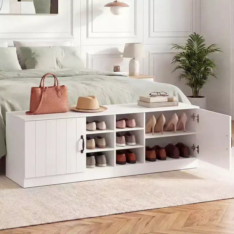 Ławka na buty z 2 drzwiami, regulowanymi półkami i ukrytą przestrzenią do przechowywania, naturalny + biały/Whi5te