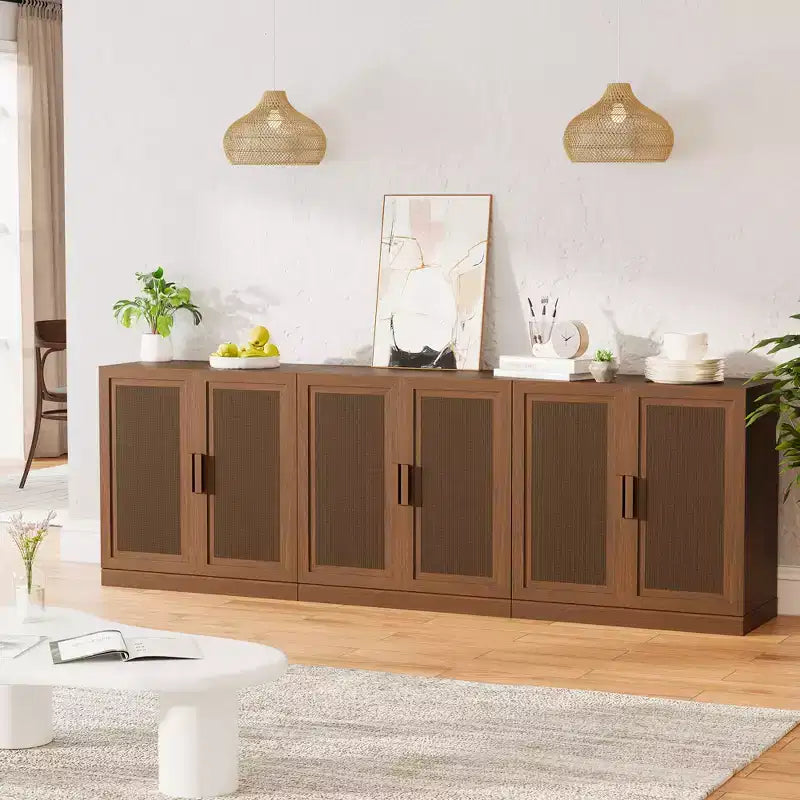 Set da 3 credenze contenitore con ante in rattan e ripiani regolabili - 93Lx31H