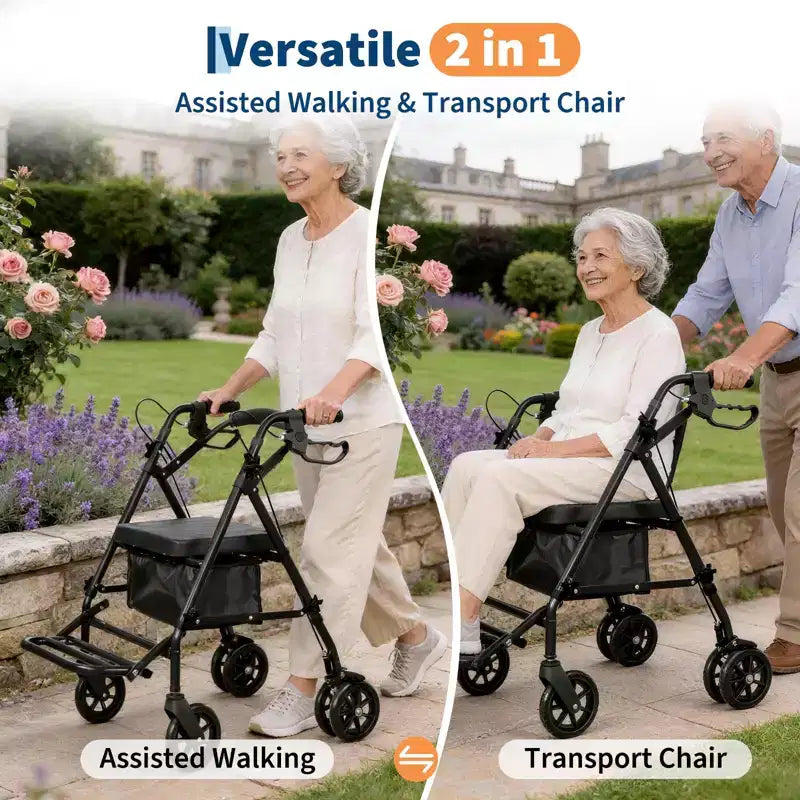 Silla de ruedas portátil plegable para adultos, capacidad de 299 lb, 6 ruedas, altura ajustable, almacenamiento bajo el asiento, asiento cómodo y reposapiés