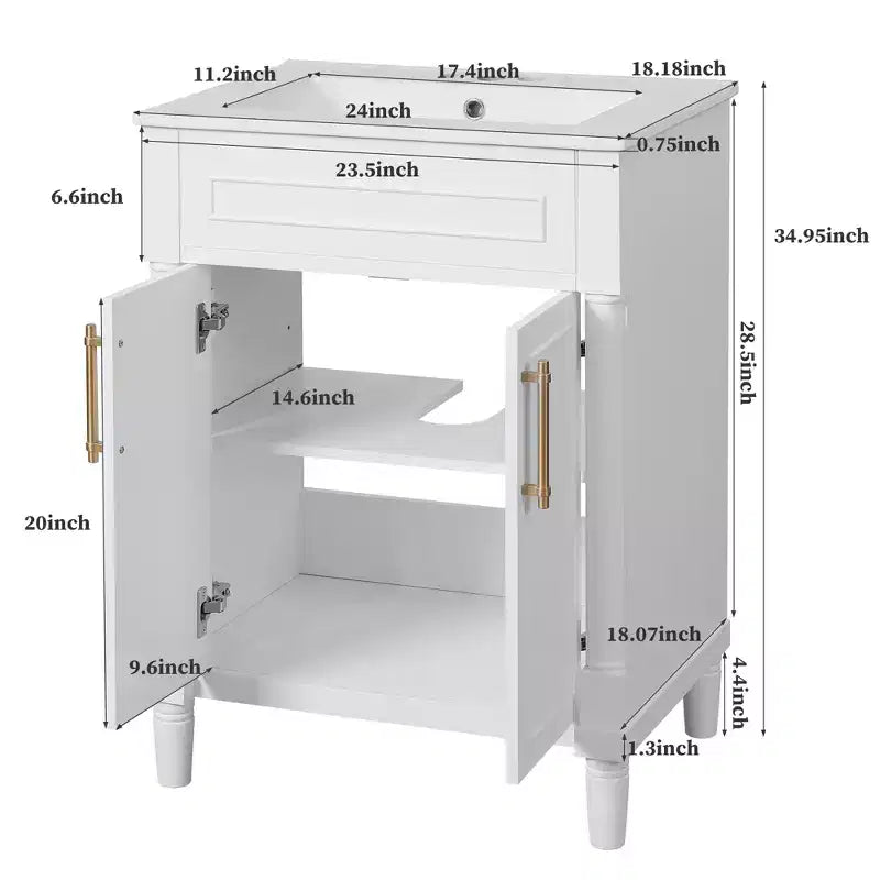 Mobile da bagno da 24 pollici con lavabo in ceramica, mobile in stile Shaker, 2 ante a chiusura ammortizzata, struttura in legno massello per bagno piccolo o bagno di servizio
