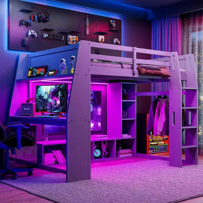 Whisen houten gaminghoogslaper voor eenpersoonsmatras met bureau, meerdere opbergplanken, ledverlichting en hangende kledingroede