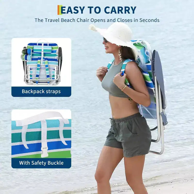 Acekool 2 Pack Lightweight Backpack Beach Chair, 5 Position Foldable Lay Flat Chair for Adults with Straps, Cup Holder & Towel Bar, Supports 300 lbs