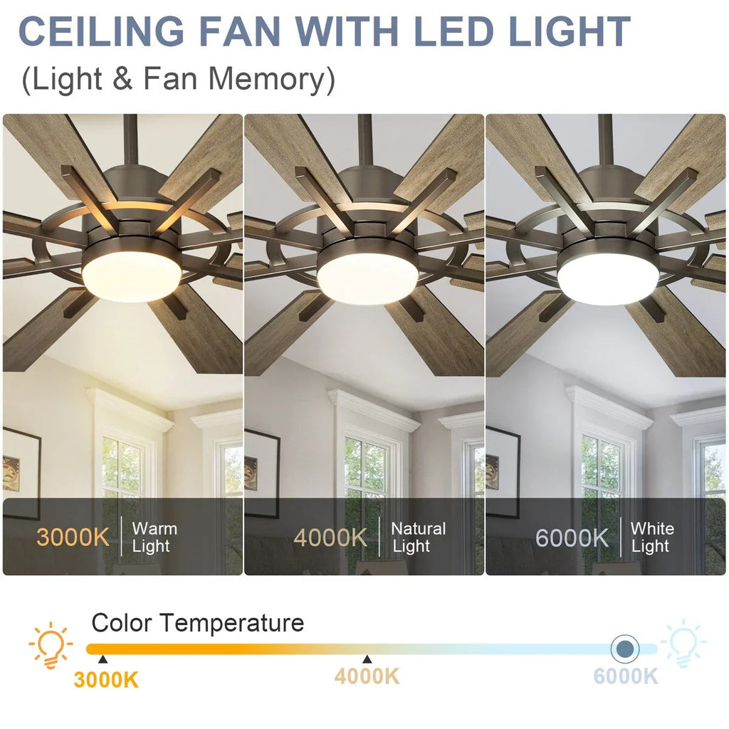 Ventilatore da soffitto con telecomando e luci, grande, con 8 pale in legno