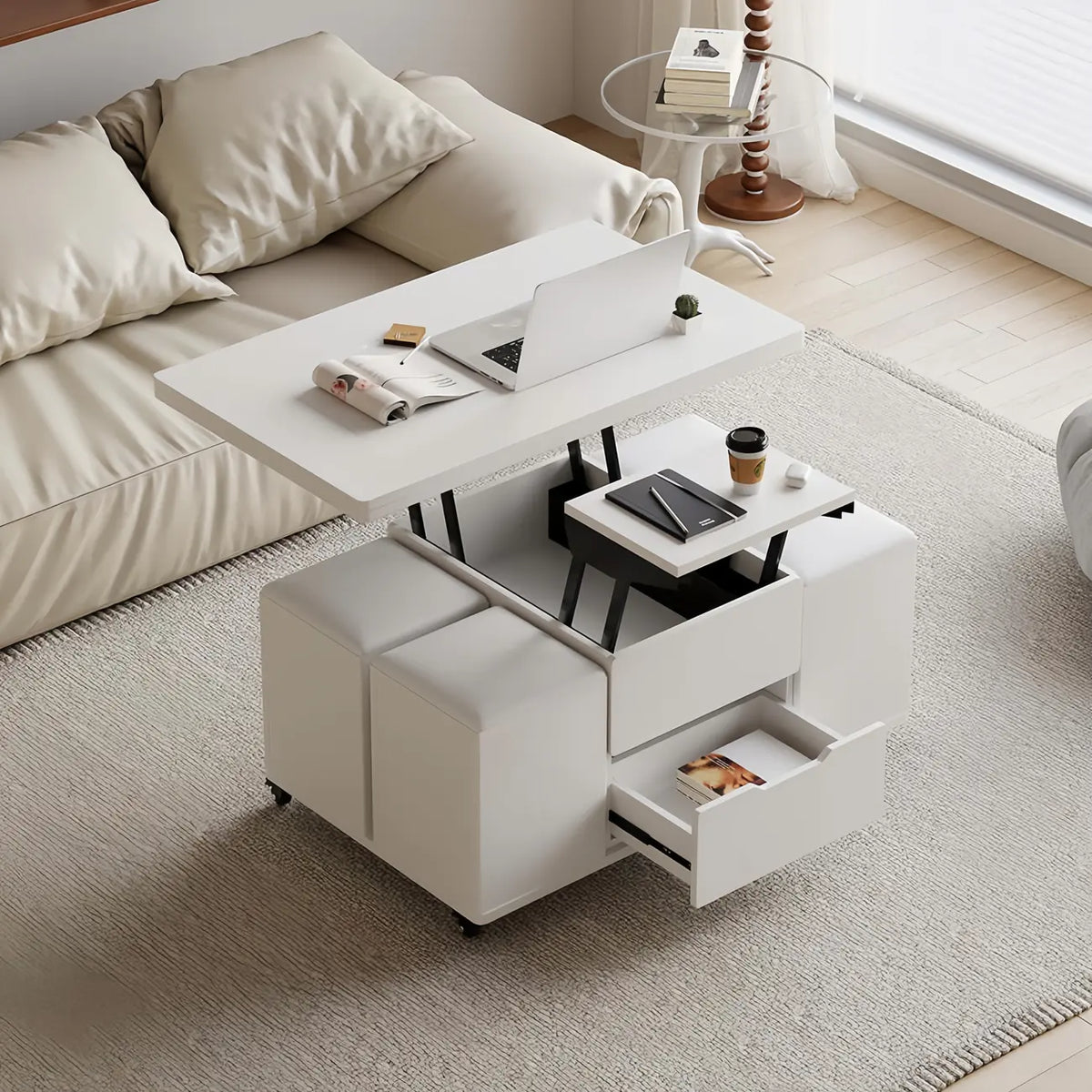 Klappbarer Couchtisch mit Hubfunktion, 4 Hockern und Stauraum