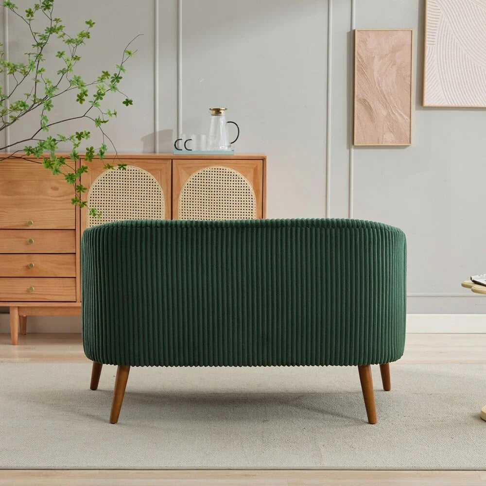 2-zitsbank met bekleding van corduroy en houten poten in walnootkleur