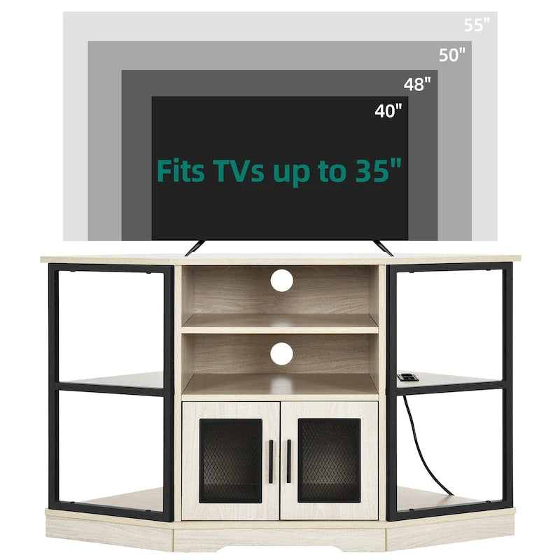 Meuble TV d’angle de style maison de campagne, centre de divertissement et console multimédia pour téléviseurs jusqu’à 55 po, avec prise électrique