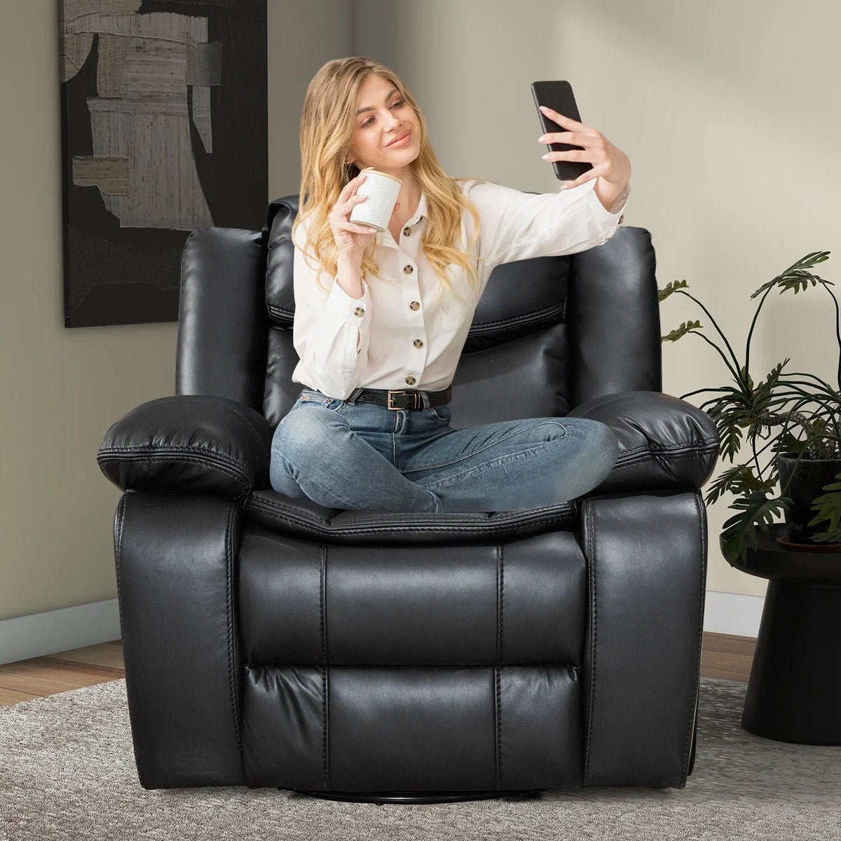 Fauteuil inclinable de massage et chauffant en cuir durable à assise large