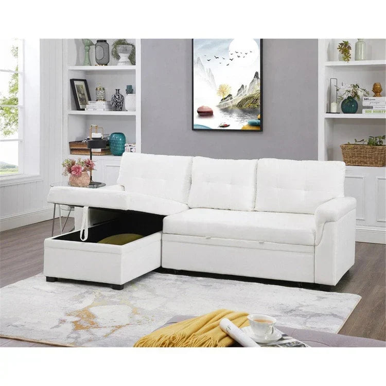 Divano componibile reversibile trasformabile con letto estraibile, chaise longue con contenitore nascosto e gambe resistenti
